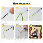 Six steps showing how to thread and use the punch needle