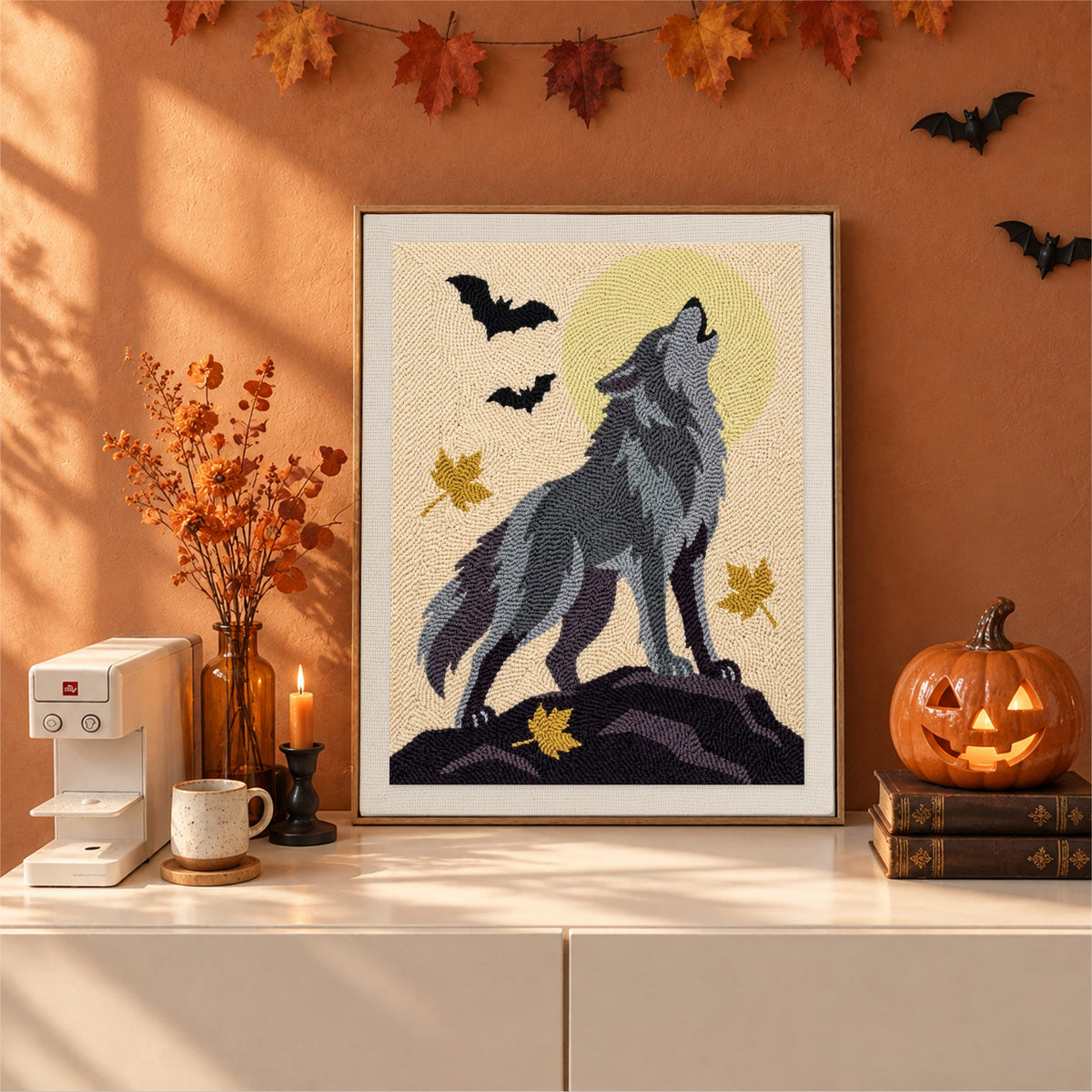 Finished Howling Gray Wolf punch needle canvas on a wall