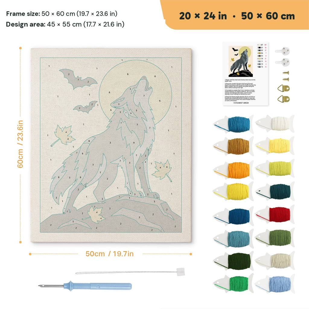 Howling Gray Wolf punch needle kit, 20 × 24 in (50 × 60 cm): canvas size and kit contents