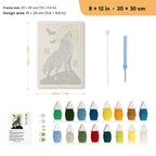Howling Gray Wolf punch needle kit, 8 × 12 in (20 × 30 cm): canvas size and kit contents