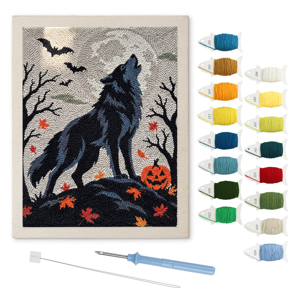 Howling Wolf punch needle kit: finished canvas with threads, punch needle and threader