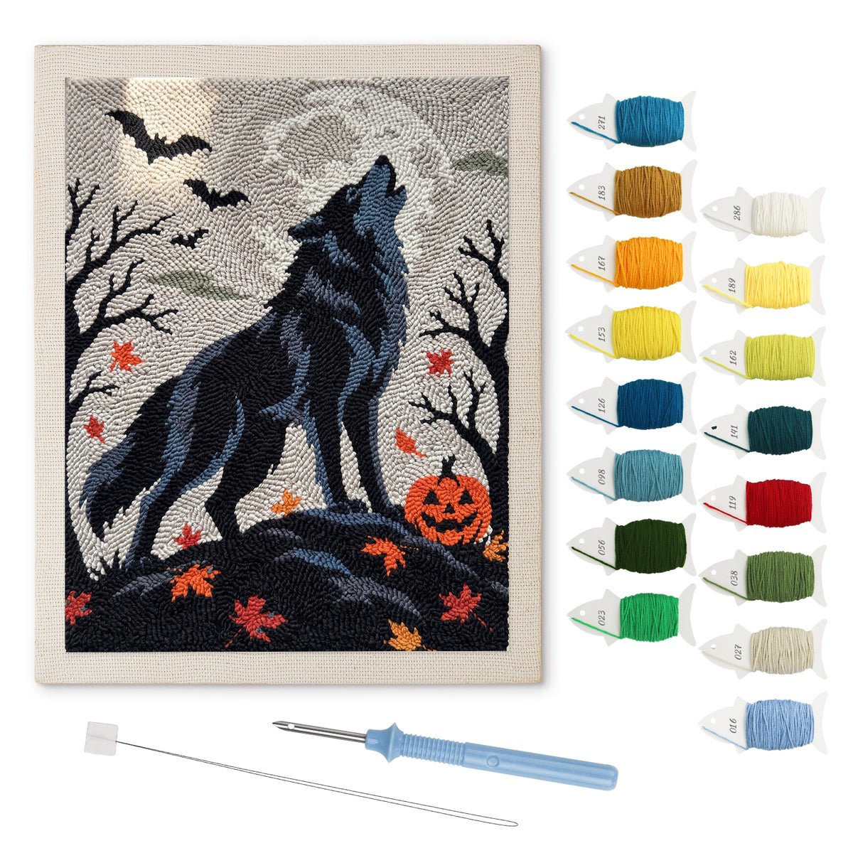 Howling Wolf punch needle kit: finished canvas with threads, punch needle and threader
