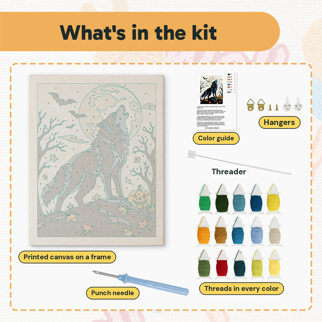 What is in the Howling Wolf kit: printed canvas, punch needle, threader, threads, color guide and hangers