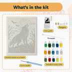 What is in the Howling Wolf kit: printed canvas, punch needle, threader, threads, color guide and hangers