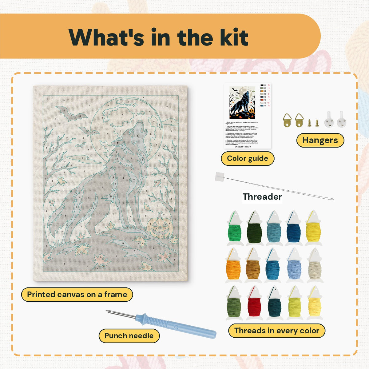 What is in the Howling Wolf kit: printed canvas, punch needle, threader, threads, color guide and hangers