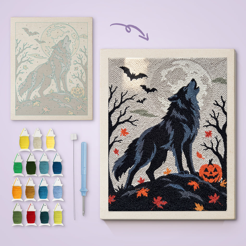 Howling Wolf canvas before and after punching, with the threads and tools