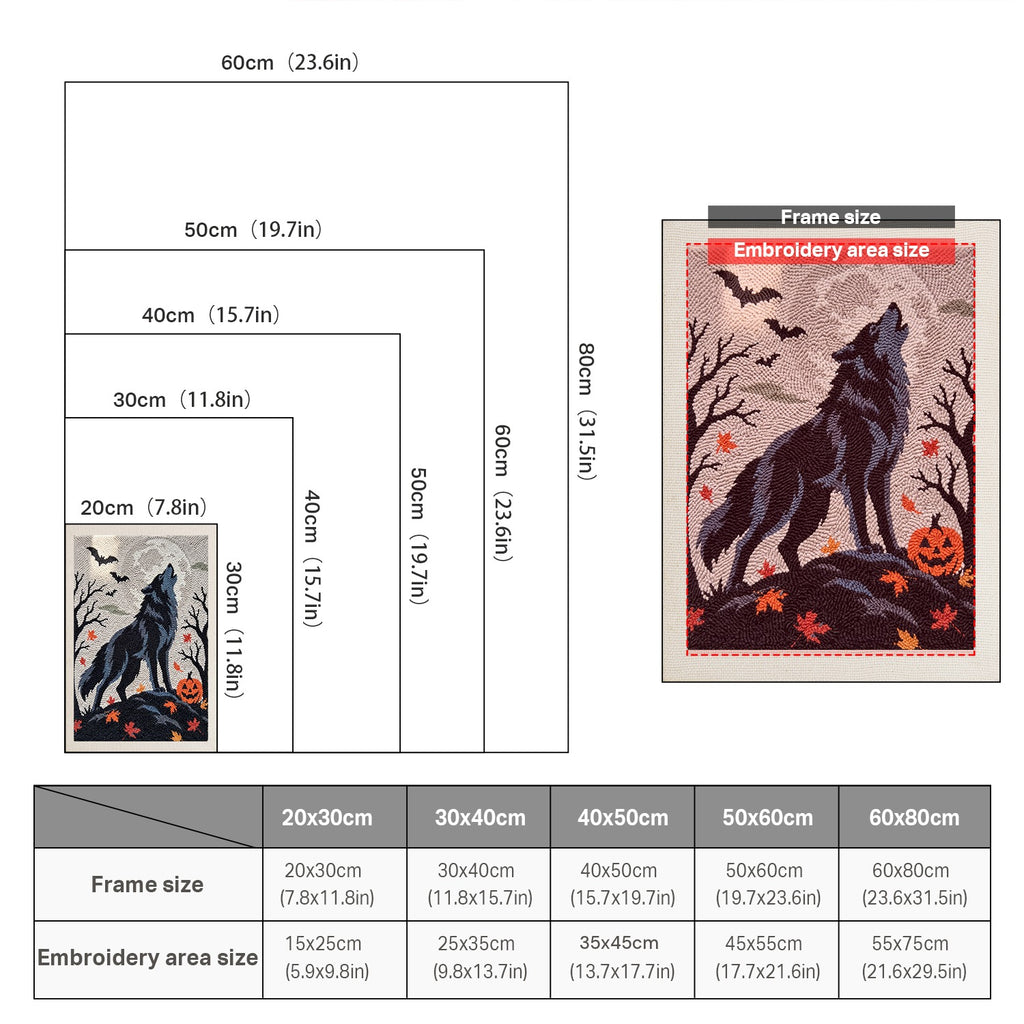 Size chart for punch needle kits from 20 x 30 cm to 60 x 80 cm