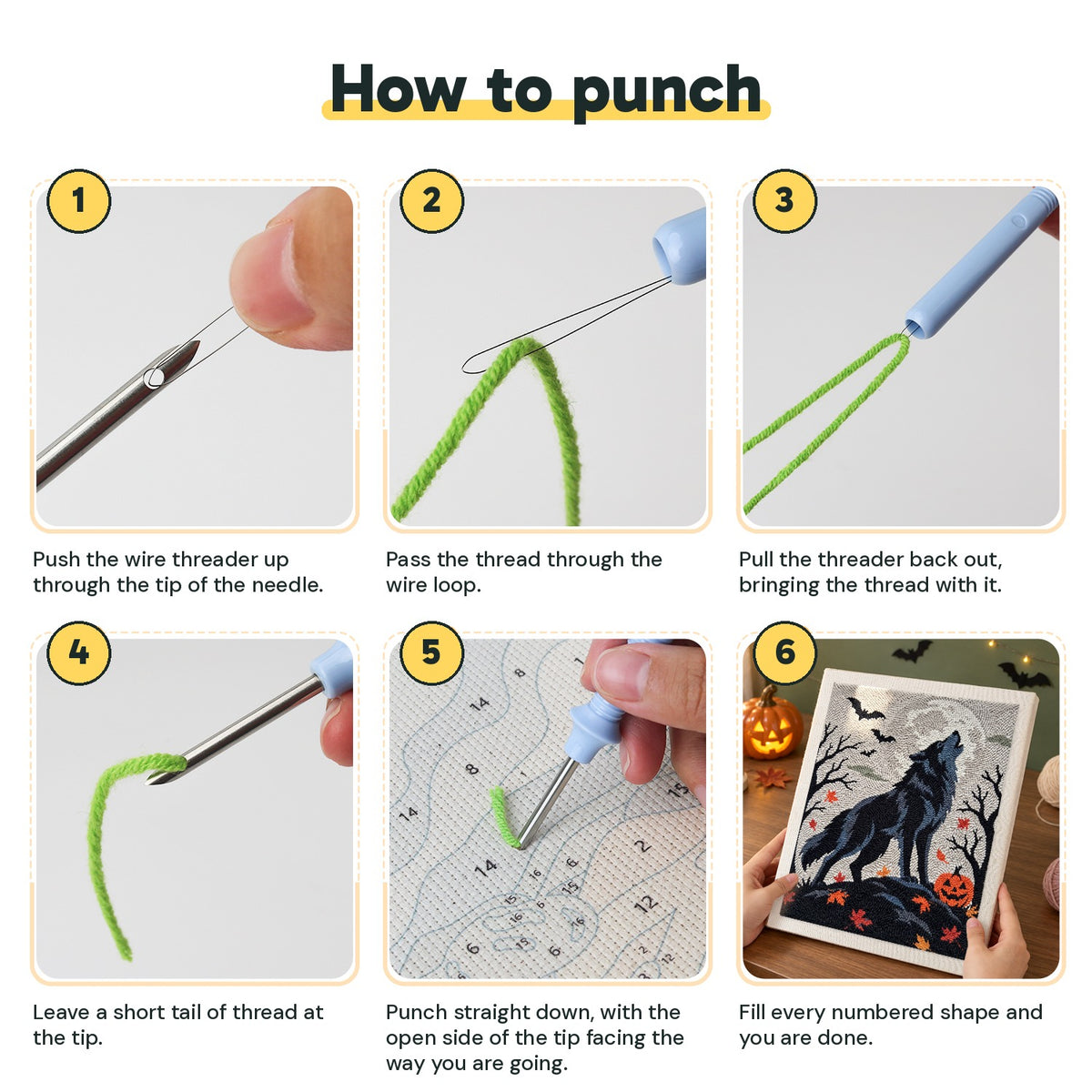 Six steps showing how to thread and use the punch needle