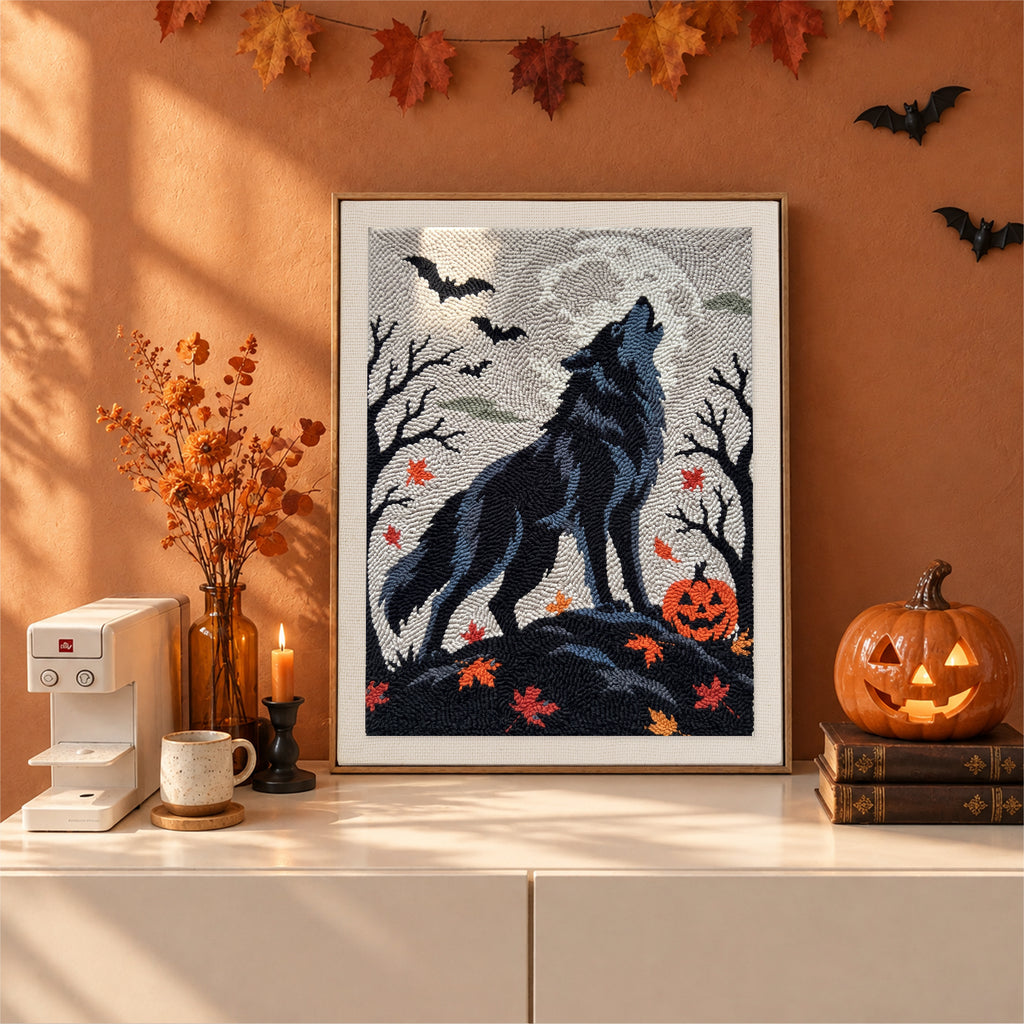 Finished Howling Wolf punch needle canvas on a wall