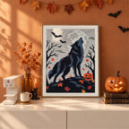 Finished Howling Wolf punch needle canvas on a wall