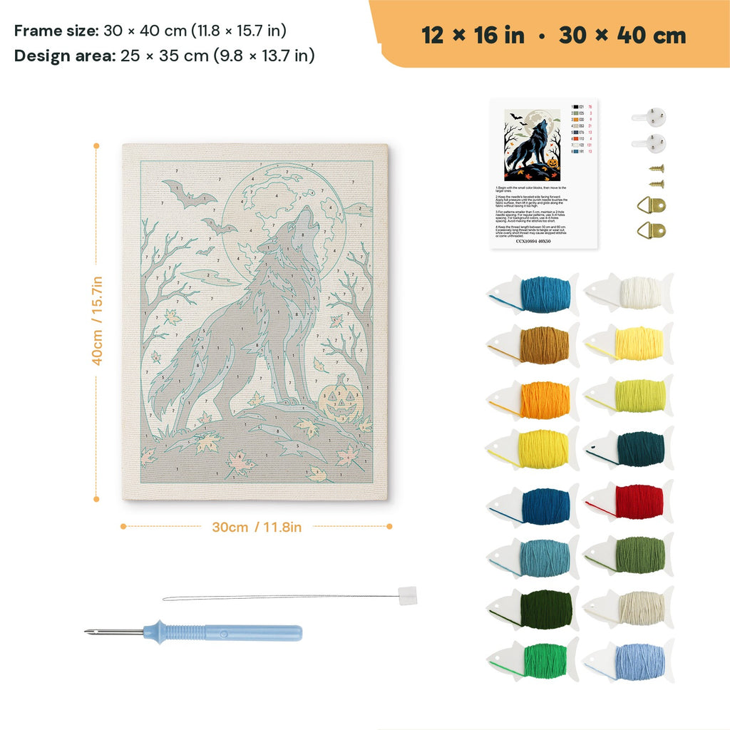 Howling Wolf punch needle kit, 12 × 16 in (30 × 40 cm): canvas size and kit contents