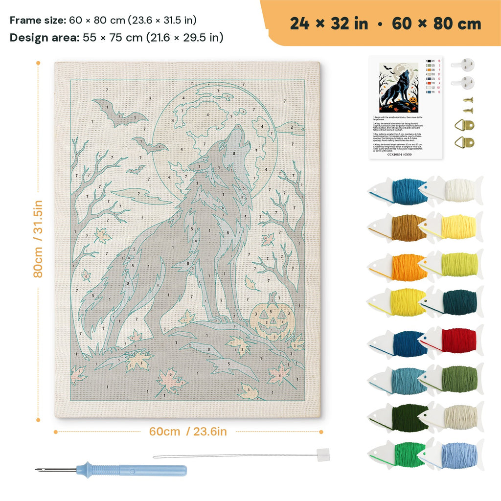 Howling Wolf punch needle kit, 24 × 32 in (60 × 80 cm): canvas size and kit contents
