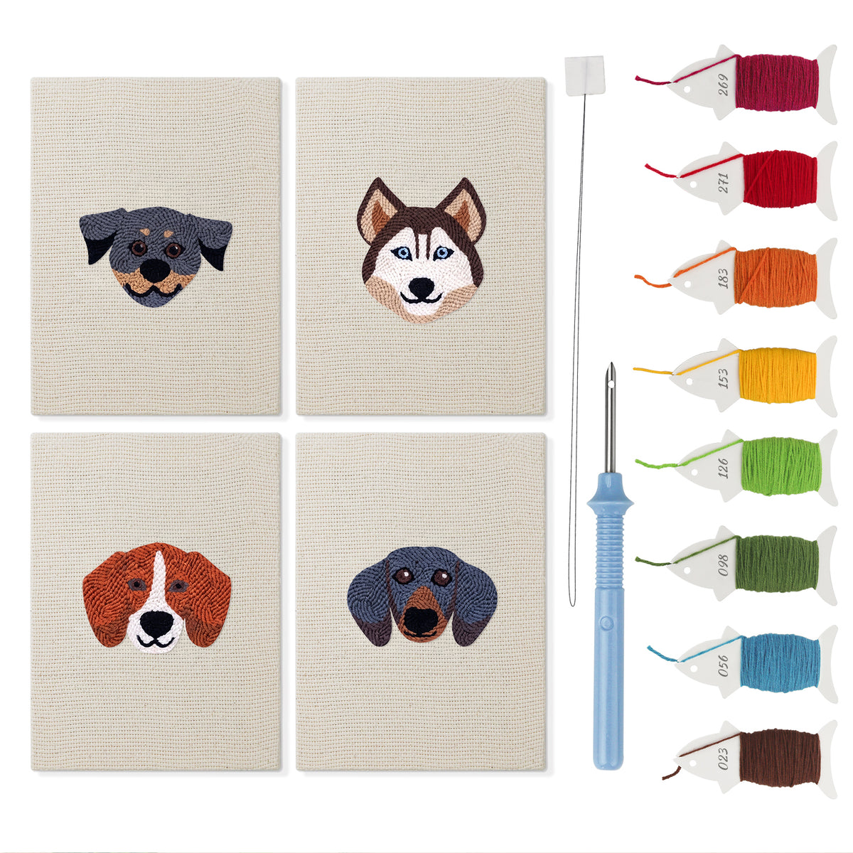 Husky and Friends mini punch needle kit set: four finished canvases with threads, punch needle and threader