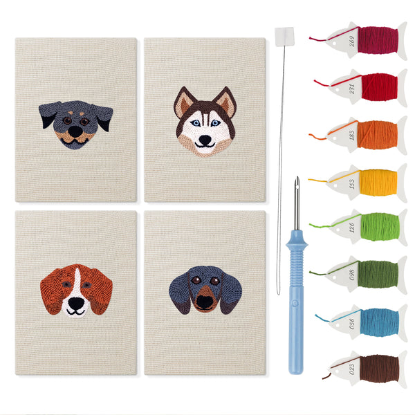 Husky and Friends mini punch needle kit set: four finished canvases with threads, punch needle and threader