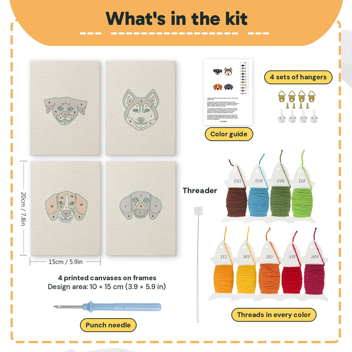 What is in the Husky and Friends set: 4 printed canvases, punch needle, threader, threads, color guide and 4 sets of hangers (6 × 8 in (15 × 20 cm) each)