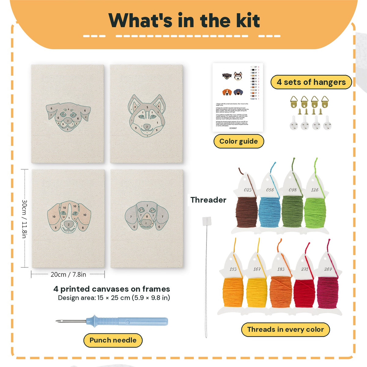 What is in the Husky and Friends set, 8 × 12 in (20 × 30 cm) each: 4 printed canvases, punch needle, threader, threads, color guide and 4 sets of hangers