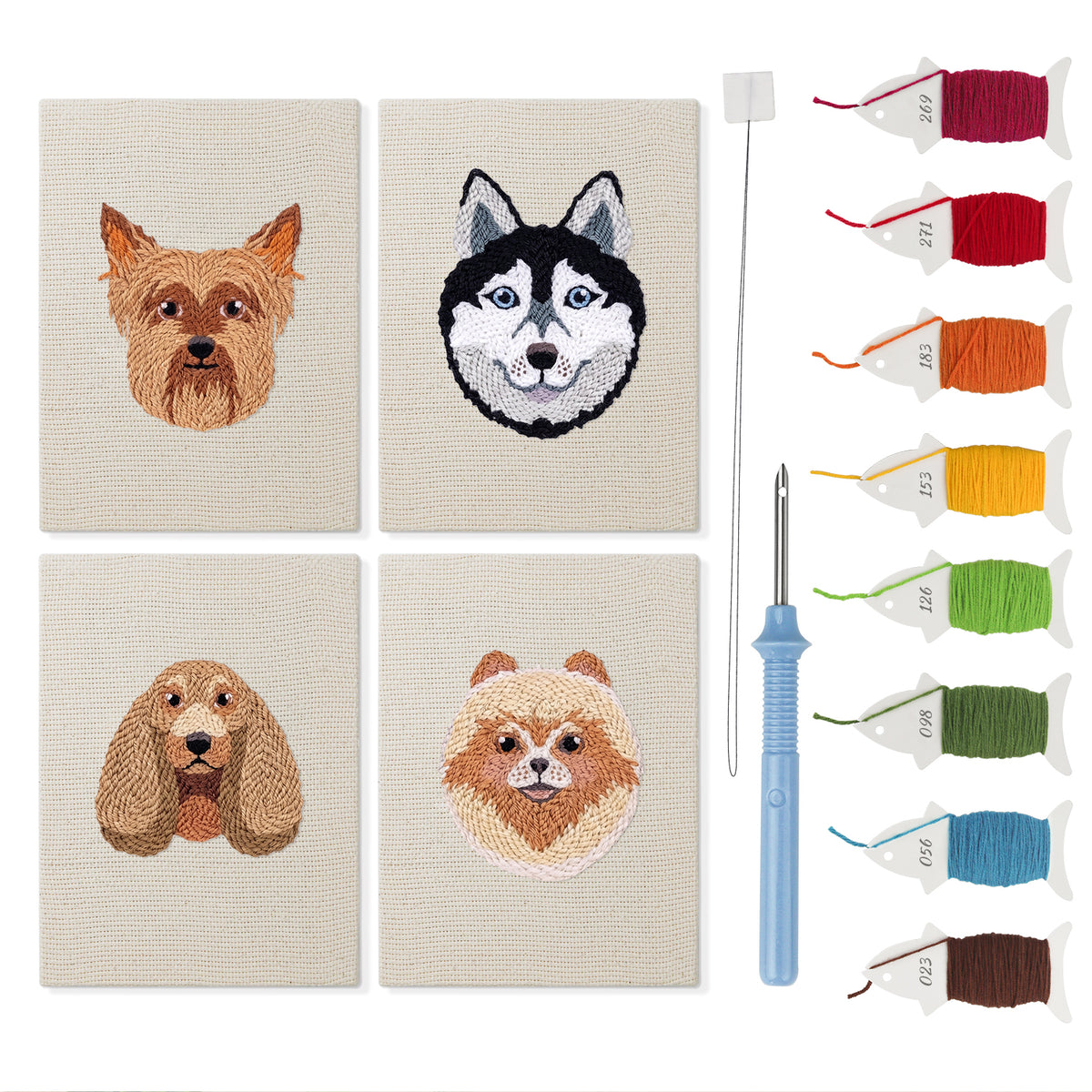 Husky and Yorkie mini punch needle kit set: four finished canvases with threads, punch needle and threader