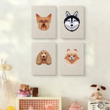 The four Husky and Yorkie mini canvases on a wall above a shelf