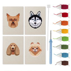 Husky and Yorkie mini punch needle kit set: four finished canvases with threads, punch needle and threader