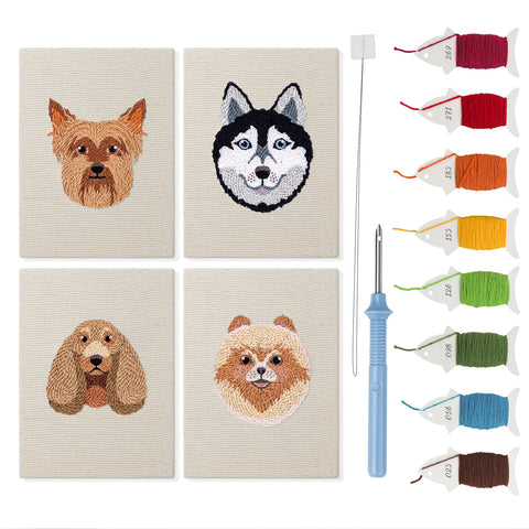 Husky and Yorkie mini punch needle kit set: four finished canvases with threads, punch needle and threader