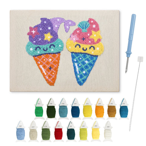 Ice Cream Buddies punch needle kit: finished canvas with threads, punch needle and threader