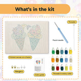 What is in the Ice Cream Buddies kit: printed canvas, punch needle, threader, threads, color guide and hangers