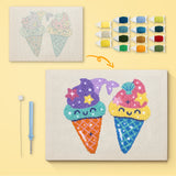 Ice Cream Buddies canvas before and after punching, with the threads and tools