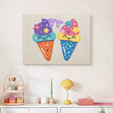 Finished Ice Cream Buddies punch needle canvas on a wall