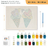 Ice Cream Buddies punch needle kit, 20 × 24 in (50 × 60 cm): canvas size and kit contents