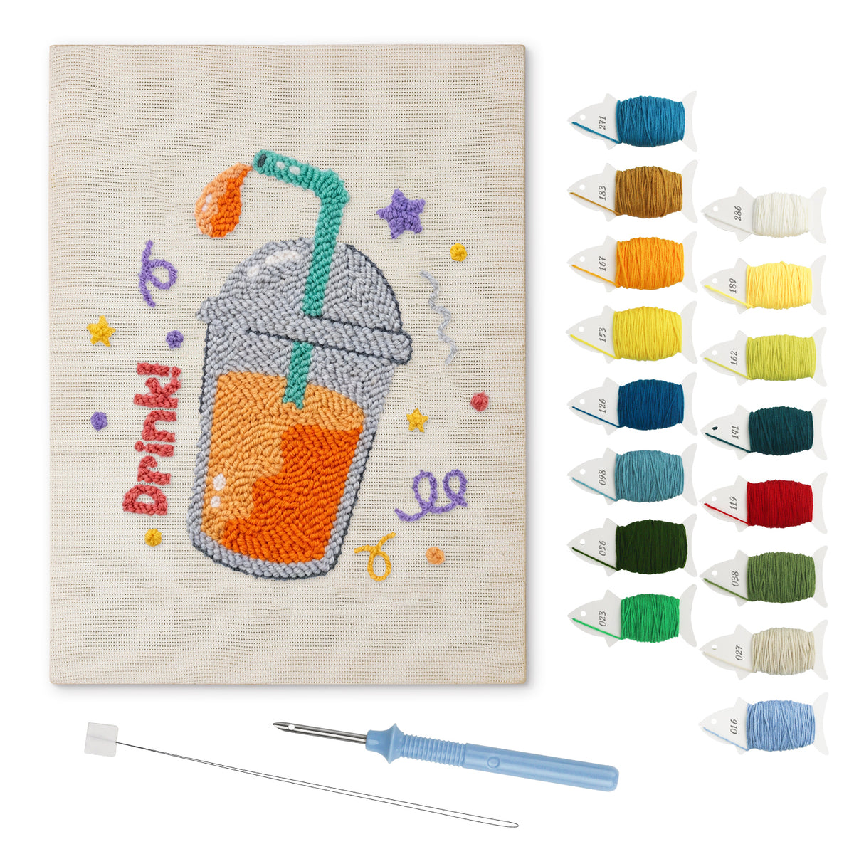 Iced Orange Drink punch needle kit: finished canvas with threads, punch needle and threader