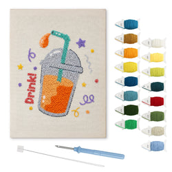Iced Orange Drink punch needle kit: finished canvas with threads, punch needle and threader