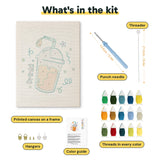 What is in the Iced Orange Drink kit: printed canvas, punch needle, threader, threads, color guide and hangers