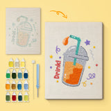Iced Orange Drink canvas before and after punching, with the threads and tools