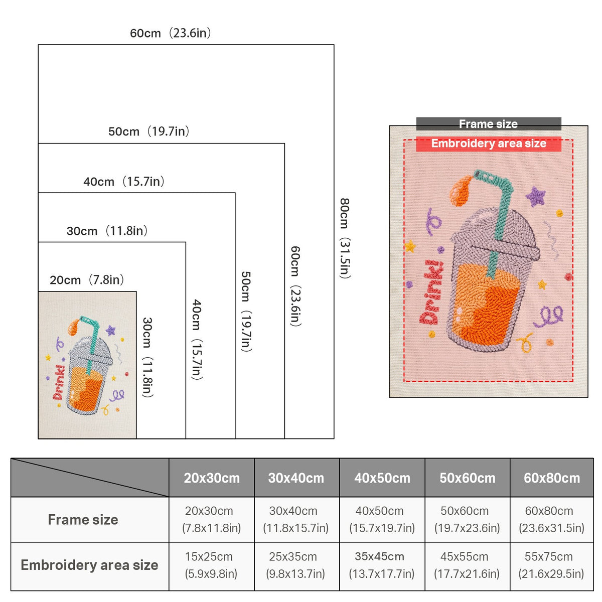 Size chart for punch needle kits from 20 x 30 cm to 60 x 80 cm