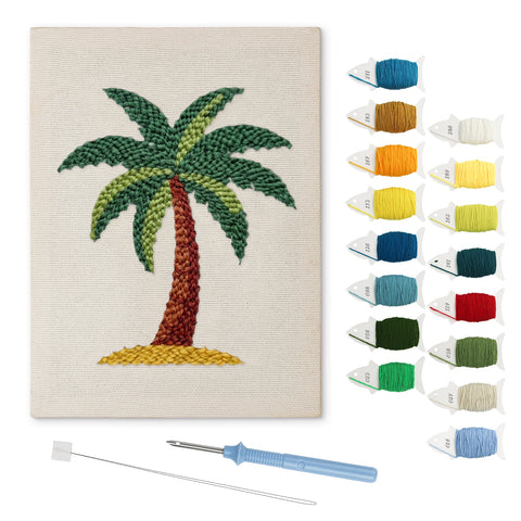 Island Palm punch needle kit: finished canvas with threads, punch needle and threader