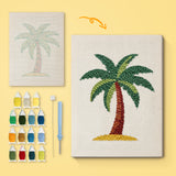 Island Palm canvas before and after punching, with the threads and tools
