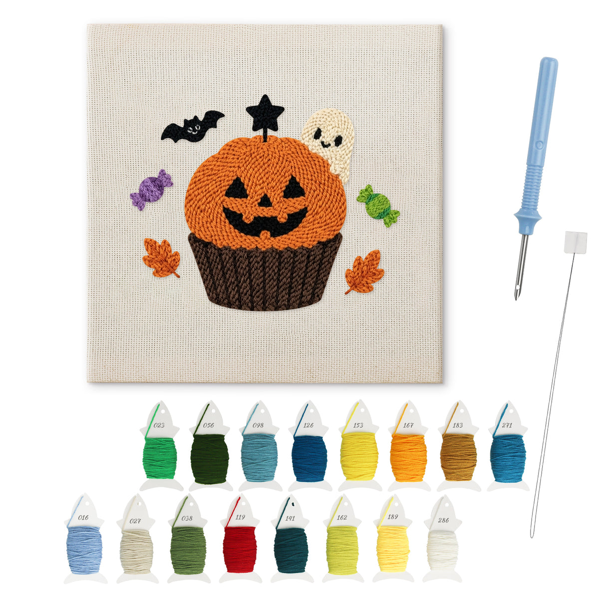Jack-o'-Lantern Cupcake punch needle kit: finished canvas with threads, punch needle and threader