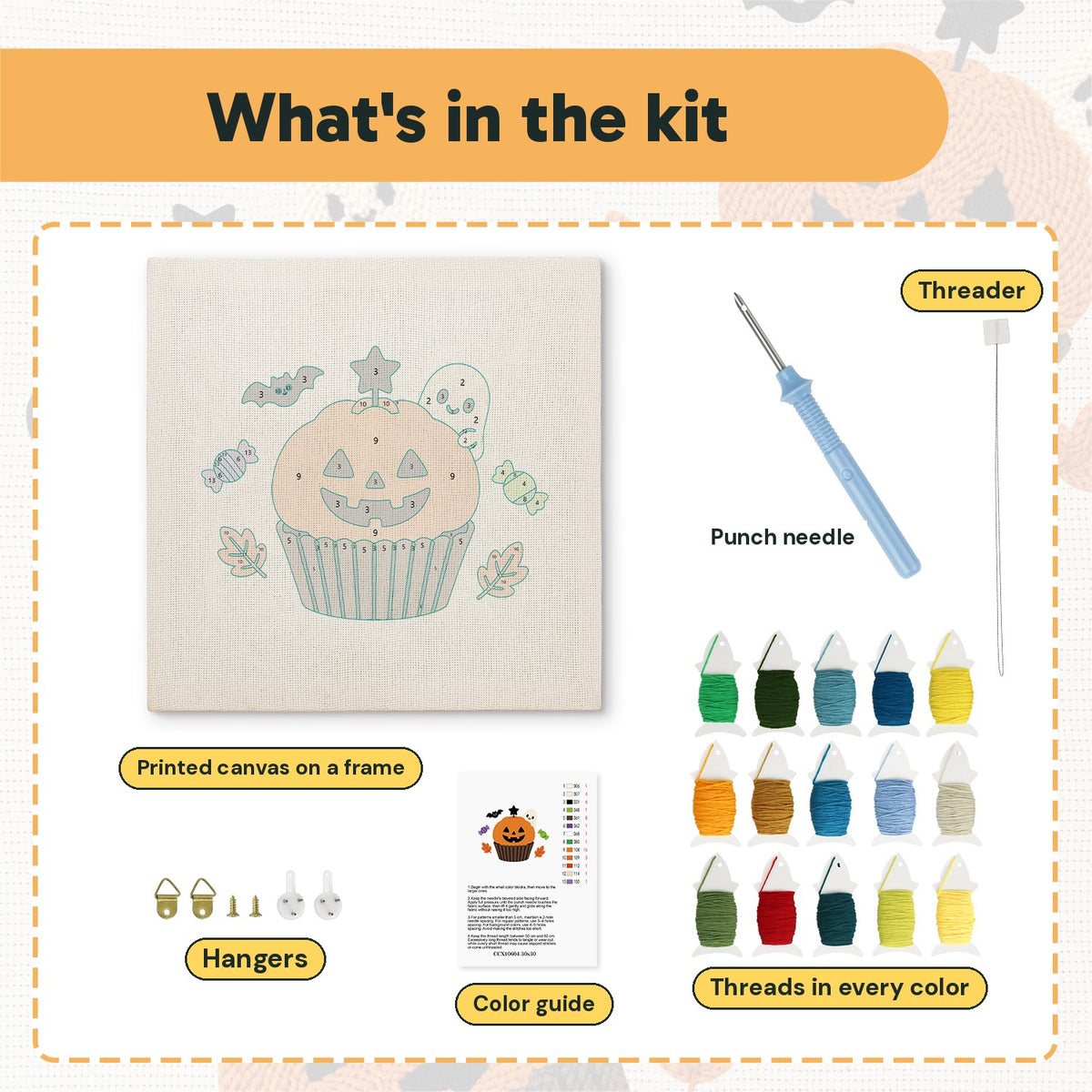 What is in the Jack-o'-Lantern Cupcake kit: printed canvas, punch needle, threader, threads, color guide and hangers