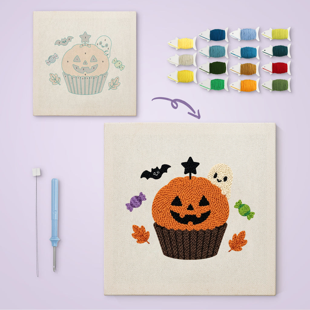 Jack-o'-Lantern Cupcake canvas before and after punching, with the threads and tools
