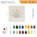 Jack-o'-Lantern Cupcake punch needle kit, 12 × 12 in (30 × 30 cm): canvas size and kit contents