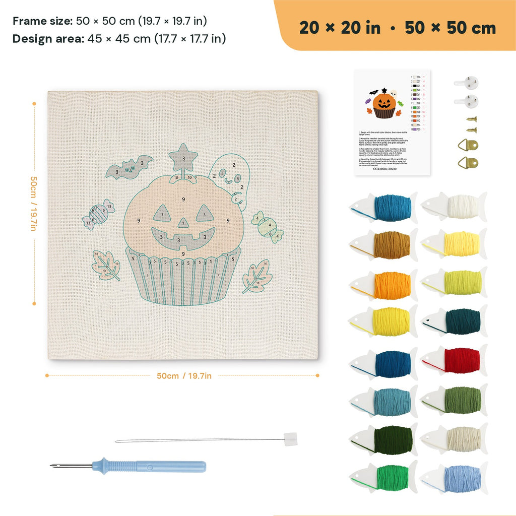 Jack-o'-Lantern Cupcake punch needle kit, 20 × 20 in (50 × 50 cm): canvas size and kit contents
