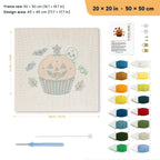 Jack-o'-Lantern Cupcake punch needle kit, 20 × 20 in (50 × 50 cm): canvas size and kit contents