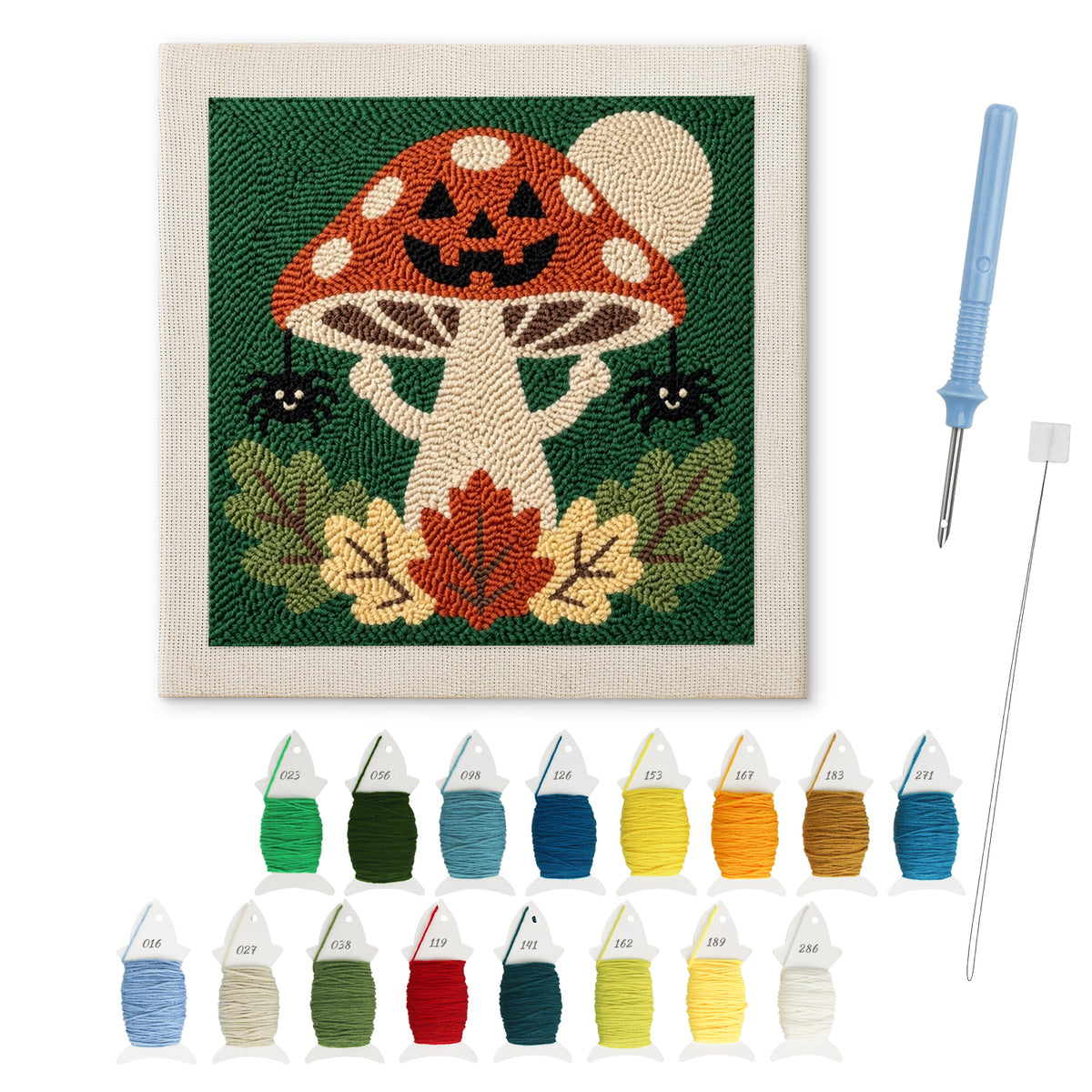 Jack-o'-Lantern Toadstool punch needle kit: finished canvas with threads, punch needle and threader