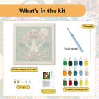 What is in the Jack-o'-Lantern Toadstool kit: printed canvas, punch needle, threader, threads, color guide and hangers