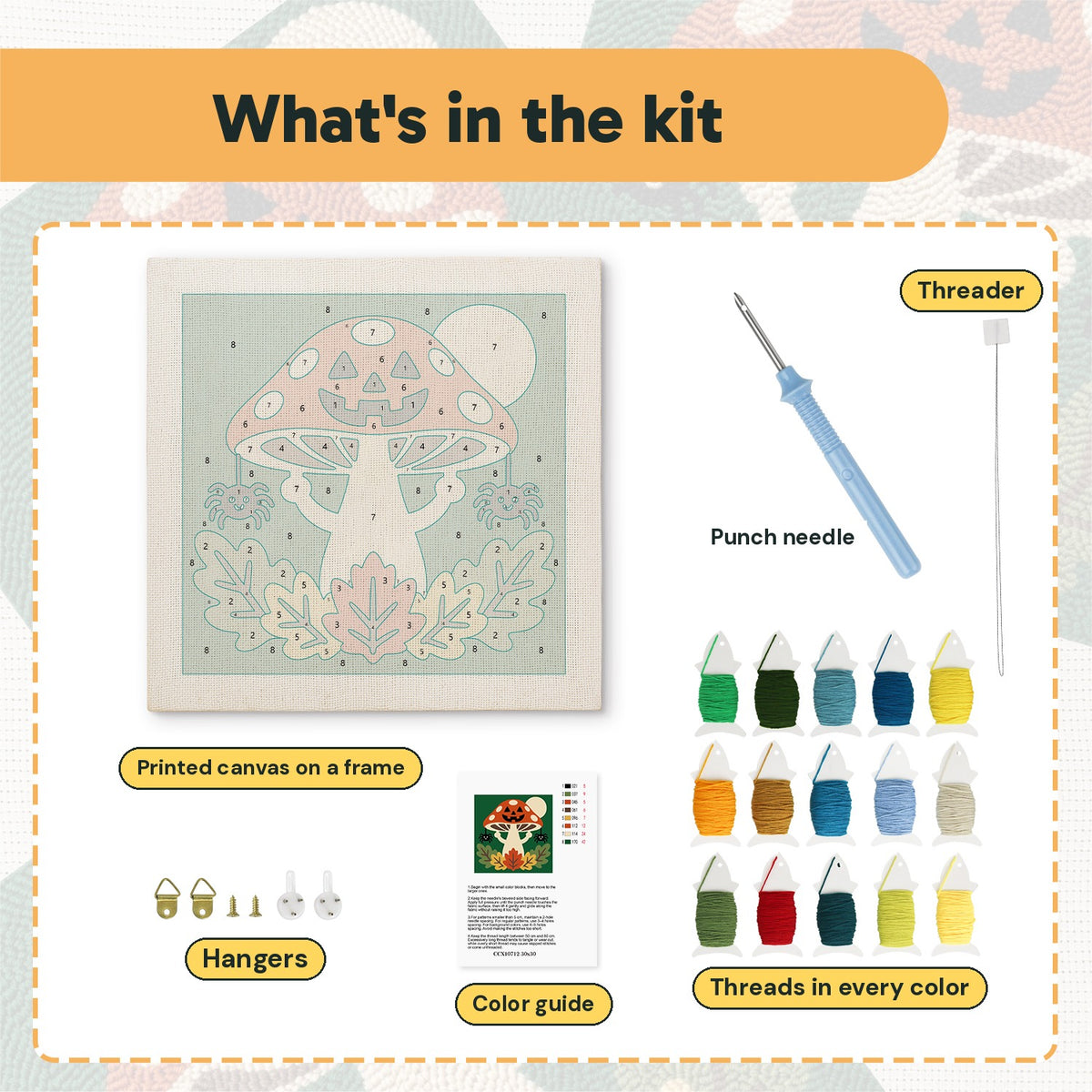 What is in the Jack-o'-Lantern Toadstool kit: printed canvas, punch needle, threader, threads, color guide and hangers