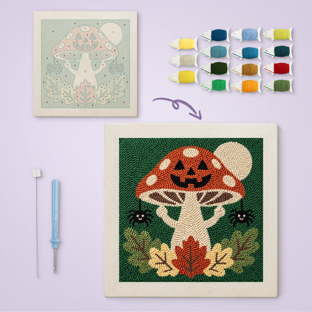 Jack-o'-Lantern Toadstool canvas before and after punching, with the threads and tools