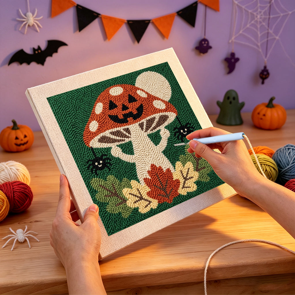 Punching the Jack-o'-Lantern Toadstool design with the punch needle