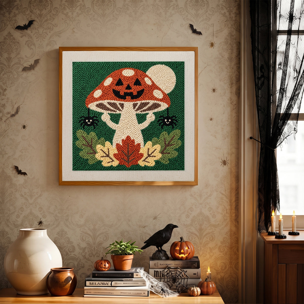 Finished Jack-o'-Lantern Toadstool punch needle canvas on a wall