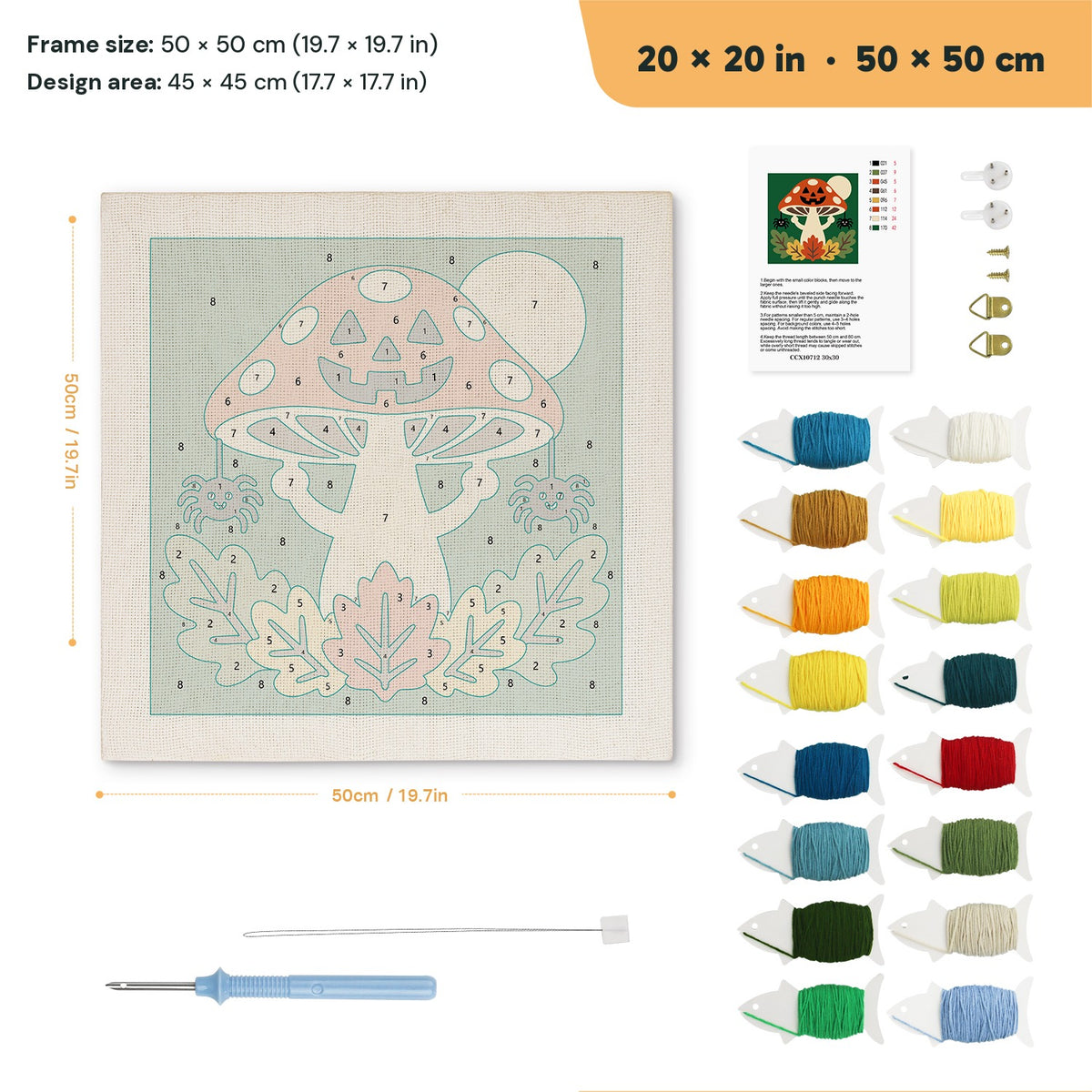 Jack-o'-Lantern Toadstool punch needle kit, 20 × 20 in (50 × 50 cm): canvas size and kit contents