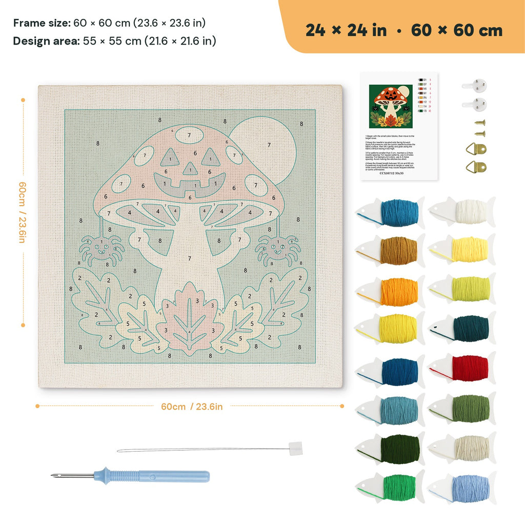 Jack-o'-Lantern Toadstool punch needle kit, 24 × 24 in (60 × 60 cm): canvas size and kit contents